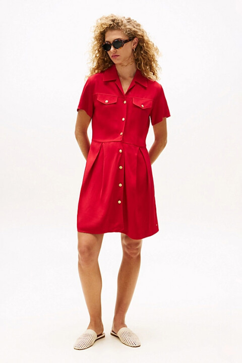 Kadın Tam Kalıp Gömlek Yaka Pli Detaylı Mini Elbise - Kırmızı - Tommy Hilfiger