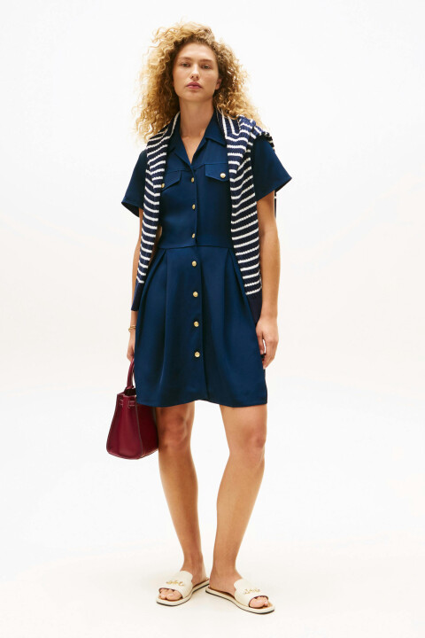 Kadın Tam Kalıp Gömlek Yaka Pli Detaylı Mini Elbise - Lacivert - Tommy Hilfiger