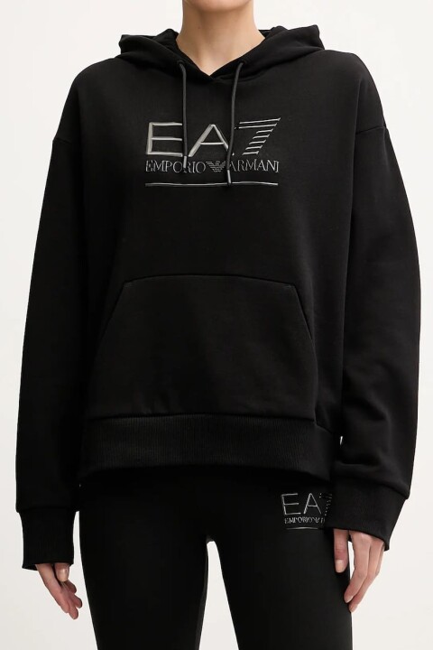 Kadın Tam Kalıp Kapüşonlu Metalik Logolu Sweatshirt - Siyah/Gümüş - Ea7