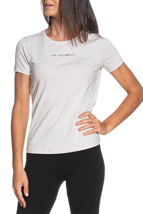 Kadın Tam Kalıp Kısa Kollu Logolu T-Shirt - Ekru - Ea7
