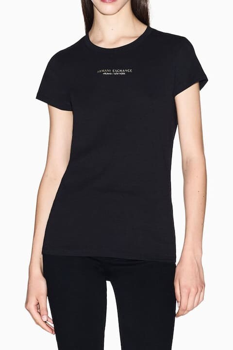 Kadın Tam Kalıp Kısa Kollu Logolu T-Shirt - Siyah - Armani Exchange