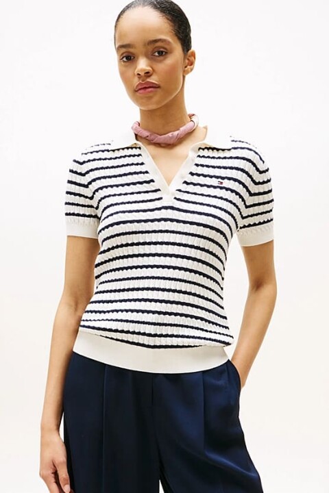 Kadın Tam Kalıp Polo Yaka Çizgili Saç Örgüsü Triko - Krem/Lacivert 