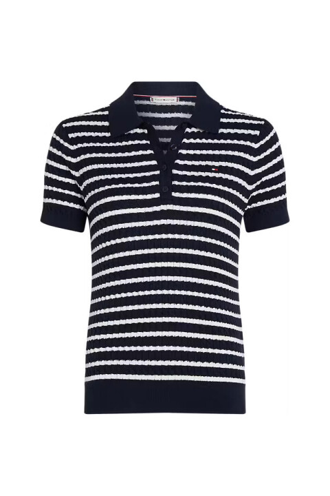 Kadın Tam Kalıp Polo Yaka Çizgili Saç Örgüsü Triko - Lacivert/Beyaz - Tommy Hilfiger