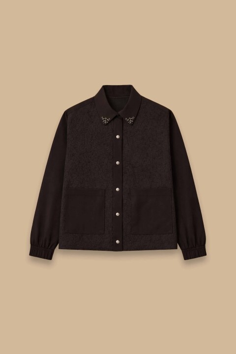 Kadın Taş Detaylı Cepli Dokuma Ceket - Siyah - Seçil