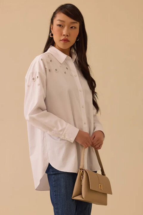 Kadın Taş Detaylı Koton Gömlek - Beyaz - Seçil