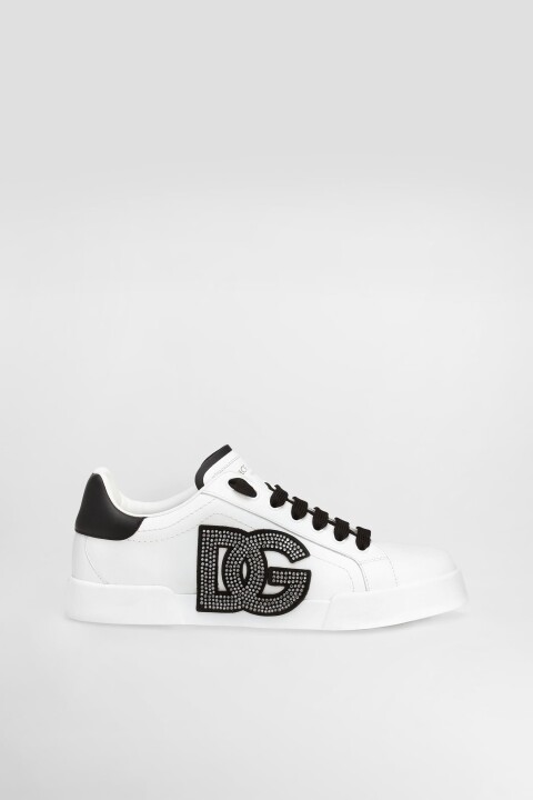Kadın Taş İşlemeli Aplike Logolu Deri Sneakers - Beyaz/Siyah - Dolce&gabbana