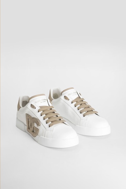 Kadın Taş İşlemeli Aplike Logolu Deri Sneakers - Beyaz/Vizon - Dolce&gabbana