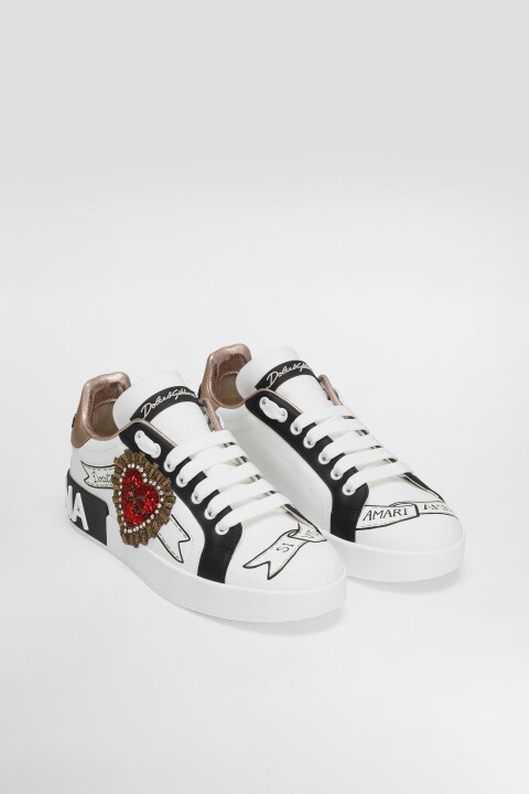 Kadın Taş İşlemeli Kalp Aplike Deri Sneakers - Beyaz/Siyah - Dolce&gabbana