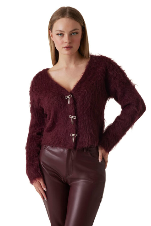 Kadın Taşlı Düğmeli V Yakalı Tüylü Triko Hırka - Bordo - Guess