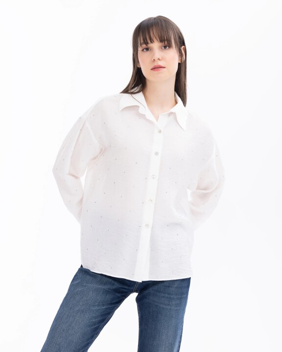 Kadın Taşlı Düşük Kol Gömlek-Beyaz - Seçil
