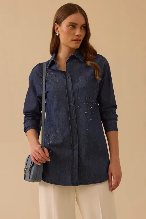 Kadın Taşlı Jean Gömlek - Lacivert - Seçil