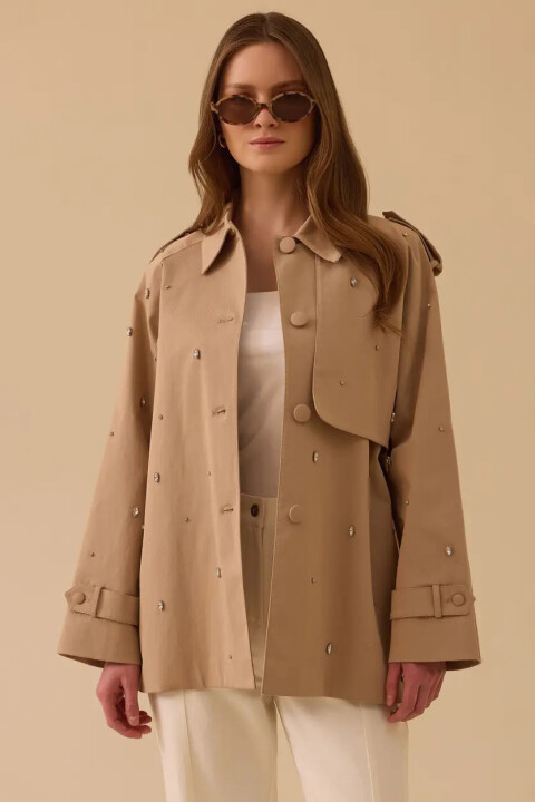 Kadın Taşlı Oversize Trençkot - Bej - Seçil