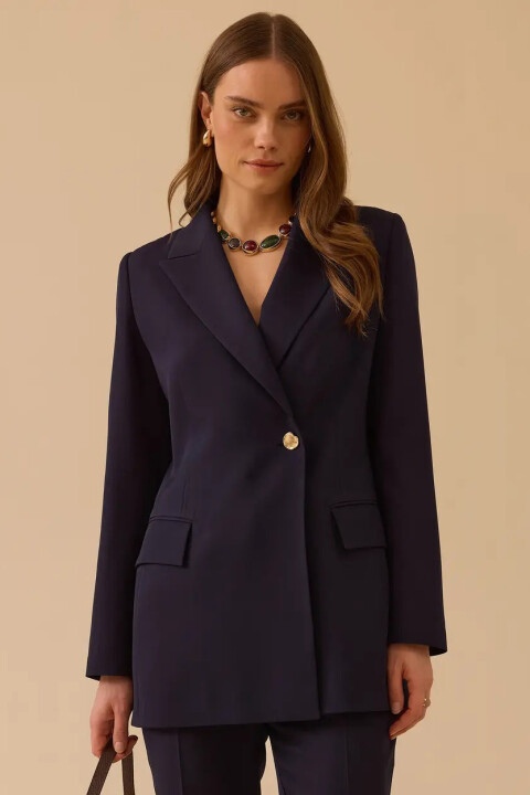 Kadın Tek Düğmeli Kruvaze Klasik Ceket - Lacivert - Seçil
