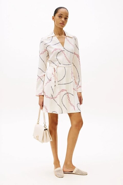 Kadın Th Fluid Viscose Mini Wrap Elbise - Ekru - Tommy Hilfiger