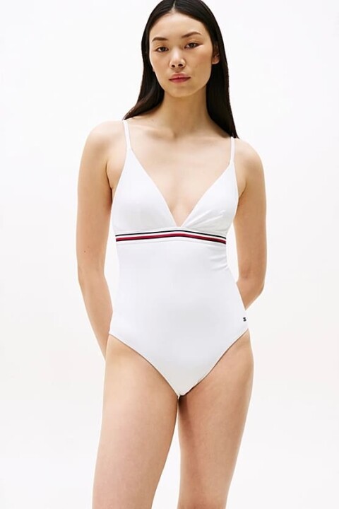 Kadın Th Global Stripe Derin Yaka Tek Parça Mayo - Beyaz - Tommy Hilfiger