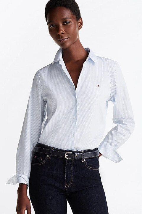 Kadın Th Poplin Regular Çizgili Gömlek - Mavi - Tommy Hilfiger