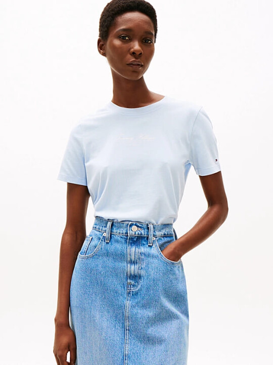 Kadın Th Script Logo T-Shirt - Mavi 