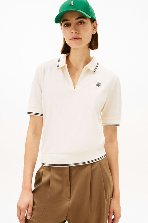 Kadın Th Script Lyocell Polo T-Shirt - Krem 