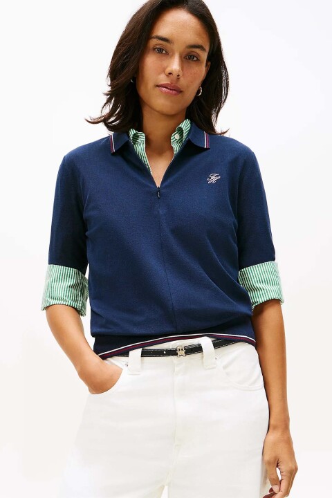 Kadın Th Script Lyocell Polo T-Shirt - Lacivert - Tommy Hilfiger