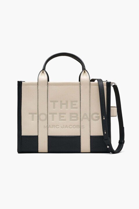 Kadın The Tote Bag Renk Bloklu Deri Omuz ve El Çantası - Krem/Siyah - Marc Jacobs