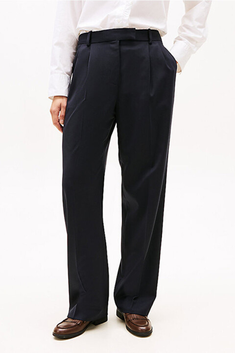 Kadın Timeless Wool Wide Leg Pileli Yün Karışımlı Pantolon - Lacivert - Tommy Hilfiger