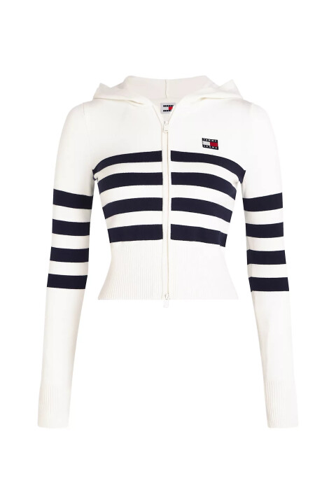 Kadın Tjw Strıpe Zıp Thru Badge Hood Triko Hırka-Beyaz - Tommy Hilfiger