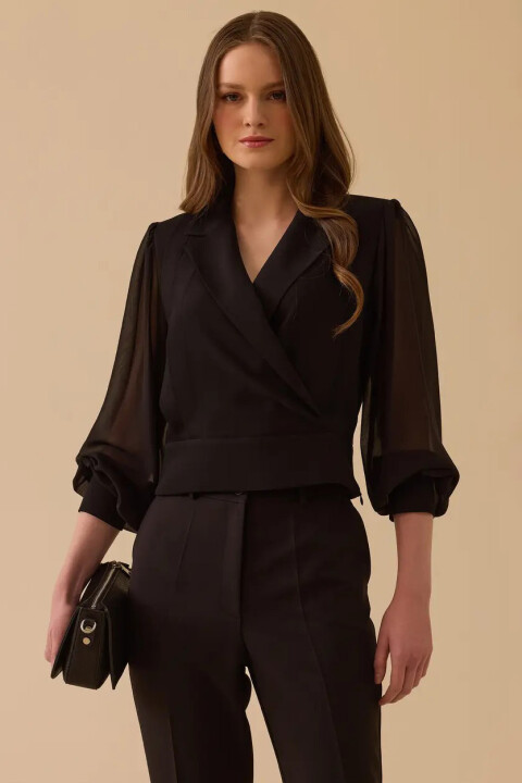 Kadın Transparan Kollu Kruvaze Bluz - Siyah - Seçil