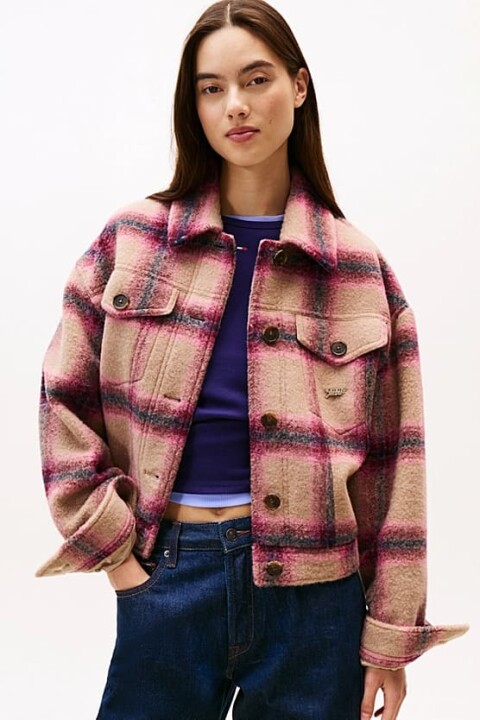 Kadın Trucker Tam Kalıp Ekose Desenli Ceket - Pembe - Tommy Hilfiger