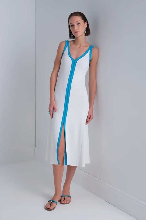 Kadın Turkuaz Şerit Detaylı Çan Elbise - Ekru - Join Us