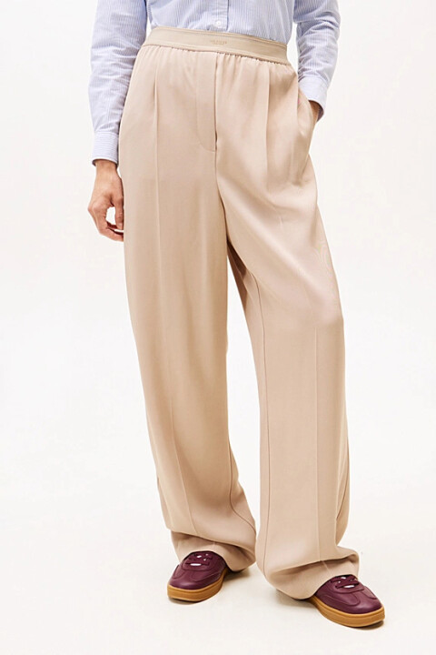 Kadın Twill Oversized Fit Wide Leg Kumaş Pantolon - Bej 