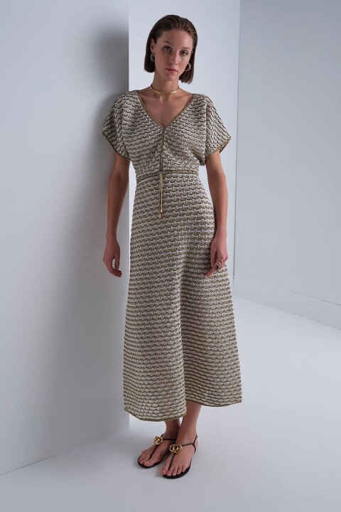 Kadın V Yaka Beli Lastikli Midi Elbise - Bej - Join Us