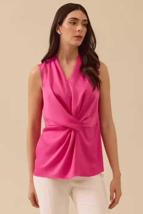Kadın V Yaka Drapeli Düğüm Detaylı Bluz - Fuşya 