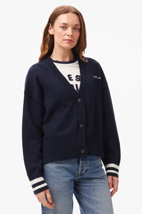 Kadın V Yaka Düğmeli Pamuklu Triko Hırka - Lacivert 