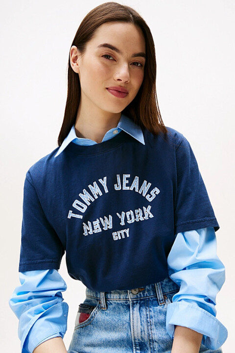 Kadın Varsity Logolu Relaxed Fit T-Shirt - Lacivert 