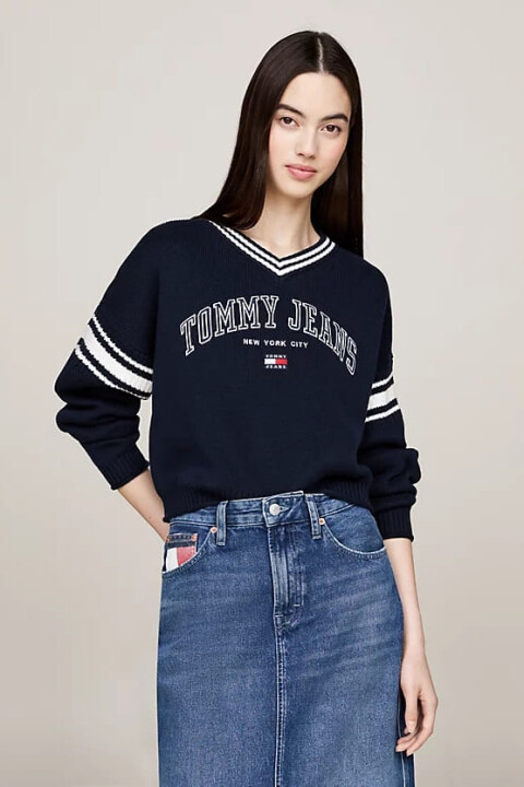 Kadın Varsity V Yaka Kısa Kazak - Lacivert - Tommy Hilfiger