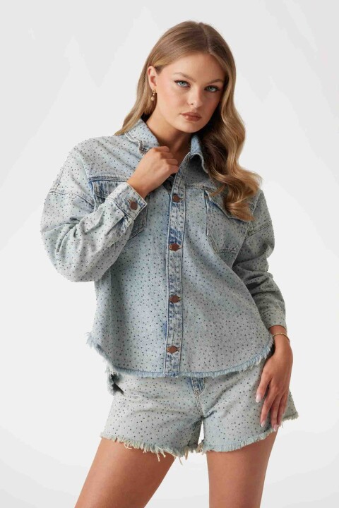 Kadın Western Shacket Suni Taş İşlemeli Denim Ceket - Mavi - Guess