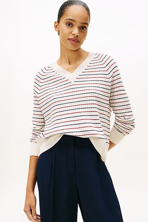 Kadın Wool Cash Regular Fit V-Yaka Saç Örgülü Çizgili Kazak - Kırık Beyaz/Çok Renkli - Tommy Hilfiger