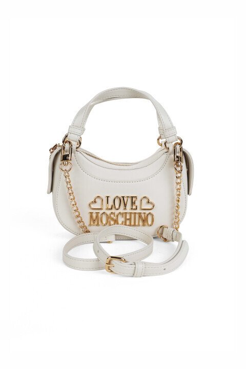 Kadın Yarım Ay Formlu Zincir Askılı Deri El ve Omuz Çantası - Ekru - Love Moschino