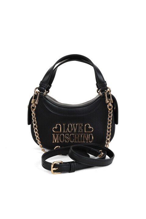 Kadın Yarım Ay Formlu Zincir Askılı Deri El ve Omuz Çantası - Siyah - Love Moschino