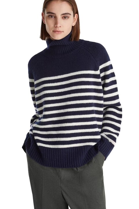 Kadın Yarım Balıkçı Yaka Rahat Kalıp Çizgili Yün Kaşmir Kazak - Lacivert 
