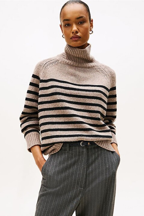 Kadın Yarım Balıkçı Yaka Relaxed Fit Çizgili Yün Kaşmir Kazak - Bej - Tommy Hilfiger