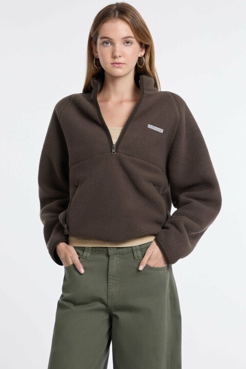 Kadın Yarım Fermuarlı Dik Yaka Polar Sweatshirt - Kahverengi 