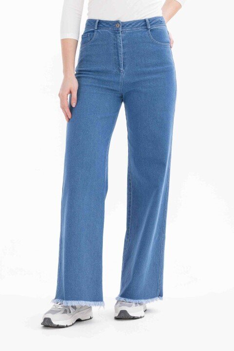 Kadın Yüksek Bel Geniş Paça Jean Pantolon - Mavi - SEÇİL