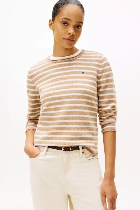 Kadın Yün Çizgili Bisiklet Yaka Kazak - Bej/Beyaz 