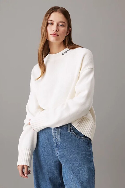Kadın Yün Pamuklu Logo Yaga Kazak - Beyaz - Calvin Klein