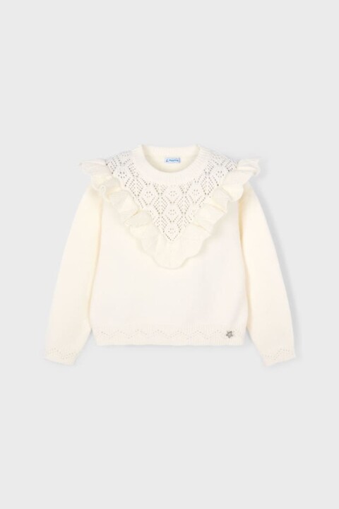 Kız Çocuk Ajurlu Fırfır Yaka Triko Kazak - Ekru 