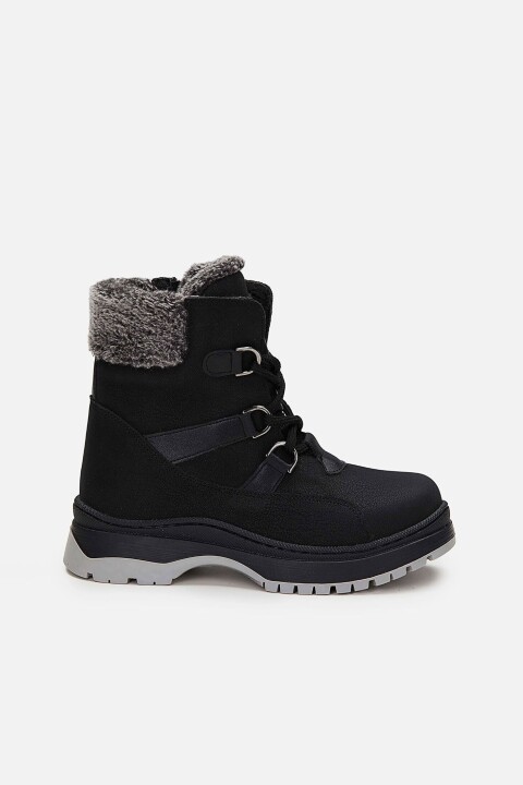 Kız Çocuk Alexis Kürklü Yaka Fermuarlı ve Bağcıklı Patik Bot - Siyah - Vicco