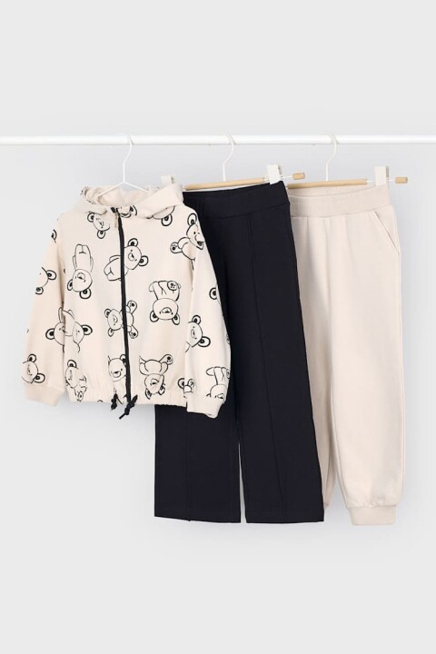 Kız Çocuk Ayı Baskılı Kapüşonlu 3 Parça Eşofman Takımı - Krem/Siyah - Mayoral