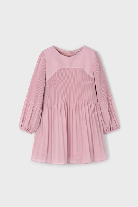 Kız Çocuk Balon Kol Pliseli Şifon Elbise - Pudra Pembe 