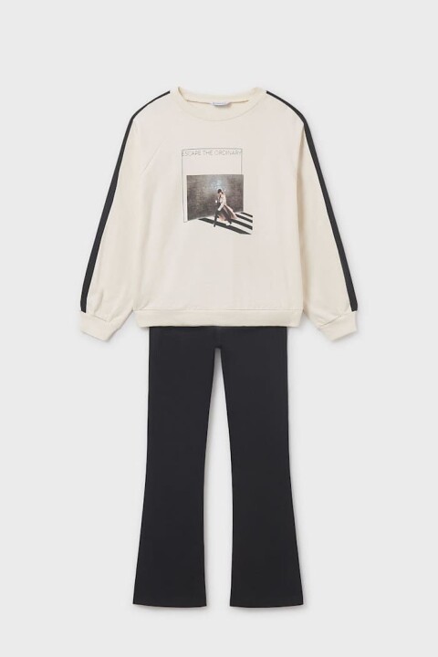Kız Çocuk Baskılı Sweatshirt ve İspanyol Paça Taytlı Takım - Siyah/Krem - Mayoral